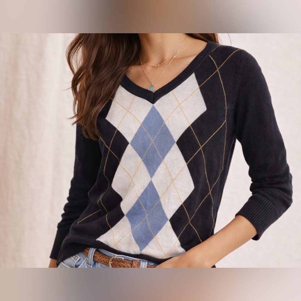St. John’s Bay Blue Argyle V-Neck Knit Sweater Juniors Y2K Size 5